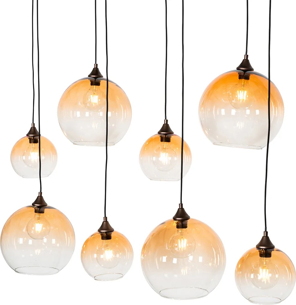 Okos függőlámpa sötét bronz színben, borostyánszínű üveggel, 8 izzós, 8 Wifi G95-tel - Sandra