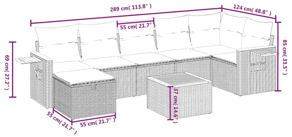 8 részes fekete polyrattan kerti ülőgarnitúra párnákkal