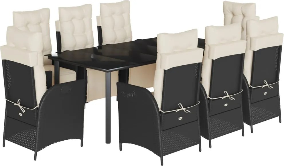 vidaXL 9 részes fekete polyrattan kerti étkezőgarnitúra párnákkal
