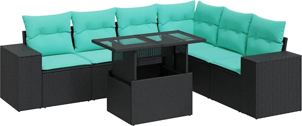 vidaXL 7 részes fekete polyrattan akácfa kerti ülőgarnitúra párnákkal