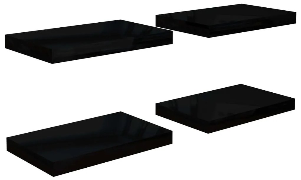 4 db magasfényű fekete MDF lebegő fali polc 40 x 23 x 3,8 cm