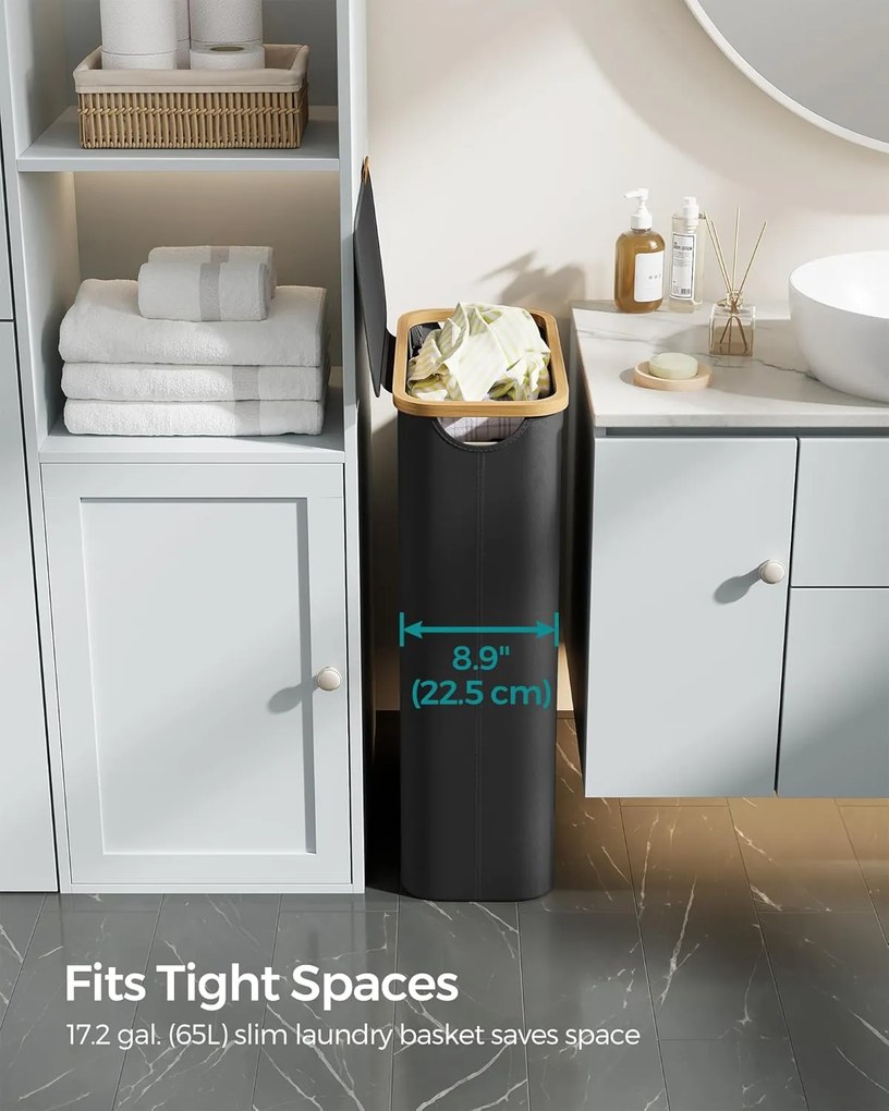 SONGMICS 65L szennyeskosár fedéllel, keskeny kialakítás, 42 × 22,5 × 70,5 cm, fekete