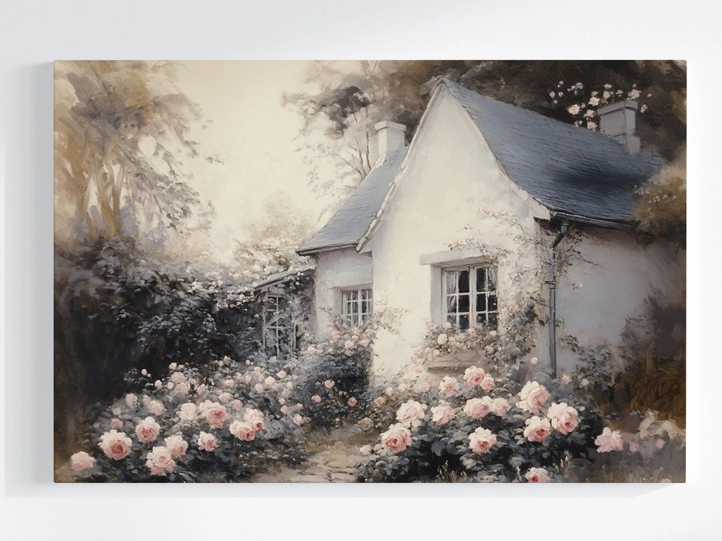 Vászonkép Canvas Tájkép Falu Ház Kunyhó Kert Virágok Rózsák 120x80