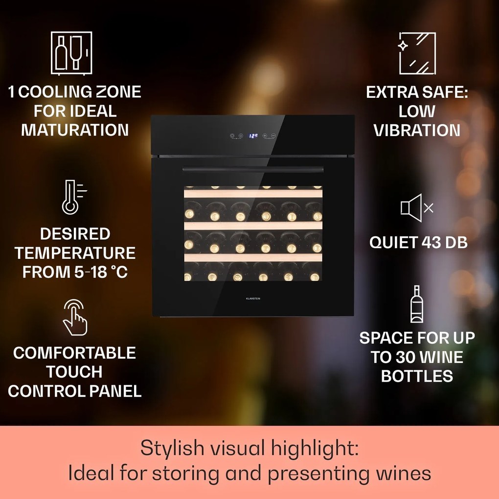 Klarstein Vinsider 30 Built-In Uno, beépített borhűtő, 77 liter, 30 palack, rozsdamentes acél