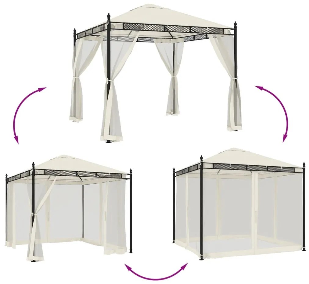 krémszínű acél pavilon hálós oldalakkal 2,93 x 2,93 m
