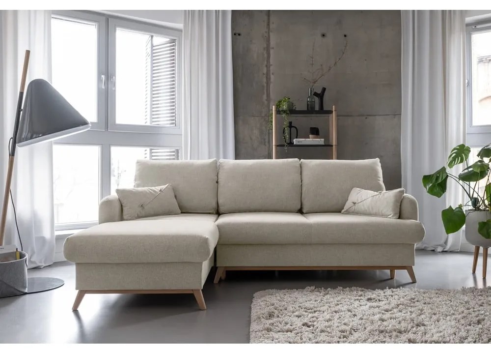 Bézs kinyitható-tárolóhelyes sarokkanapé (bal oldali-heverő résszel) Scandic Lagom – Miuform