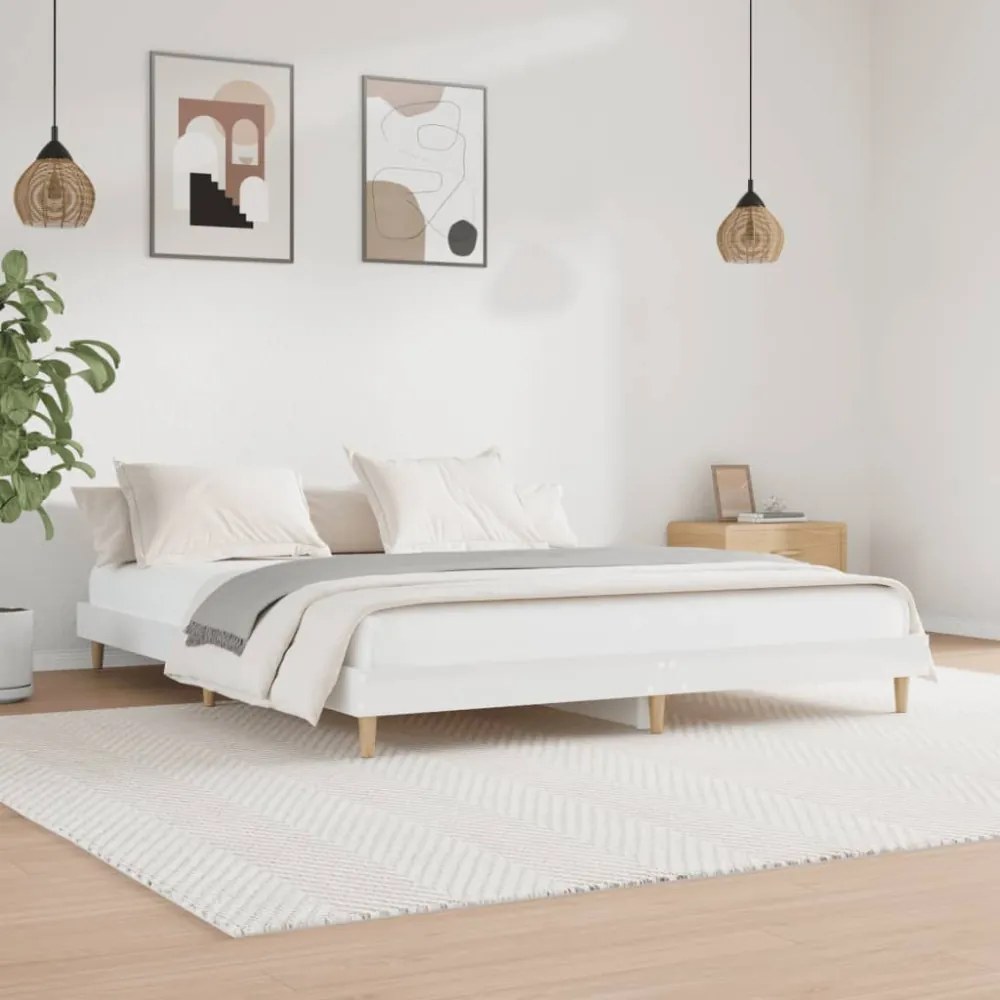 magasfényű fehér szerelt fa ágykeret 200 x 200 cm