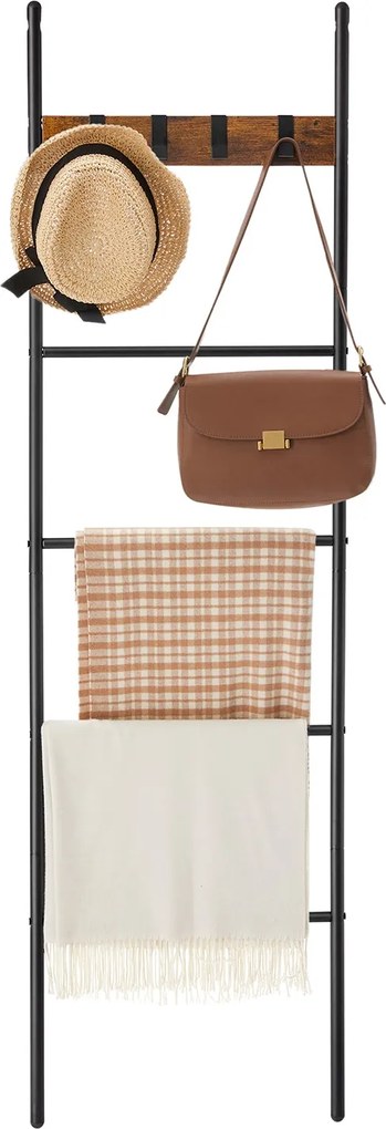 5 szintes takarótartó létra fém vázzal, ipari stílusban, rusztikus barna-fekete