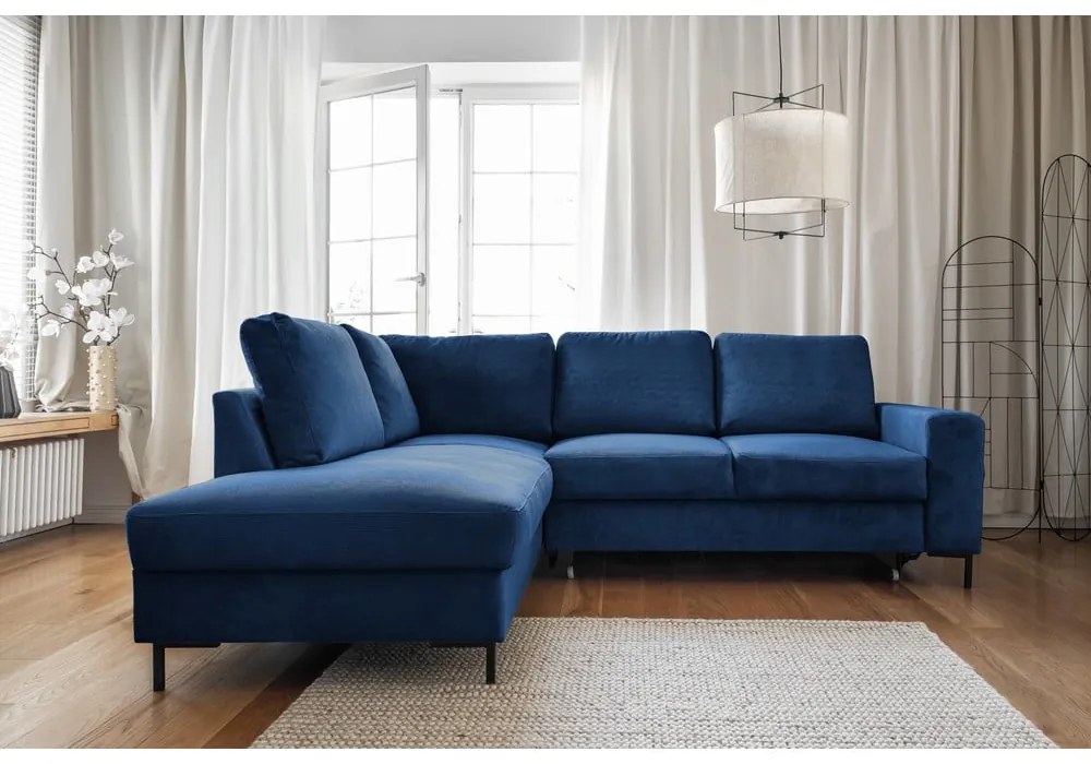 Sötétkék kordbársony kinyitható sarokkanapé (bal oldali) Lofty Lilly – Miuform