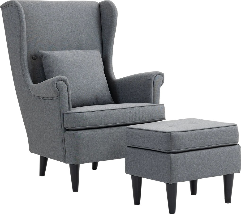 HOMCOM Szárnyas Fotel Puffal, Modern Karfás Fotel Lendületes Vászon Hatással, Deréktámasz Párnával, Pihentető Szék Kényelmes Karfával a Nappaliba Szür