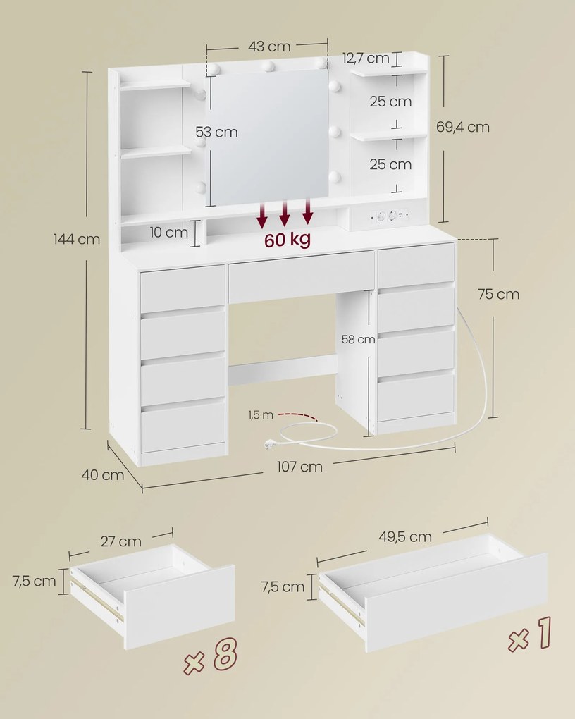 KAILYN LED Fésülködő asztal, tükörrel ellátott sminkasztal, 9 fiókkal, felhőfehér színben