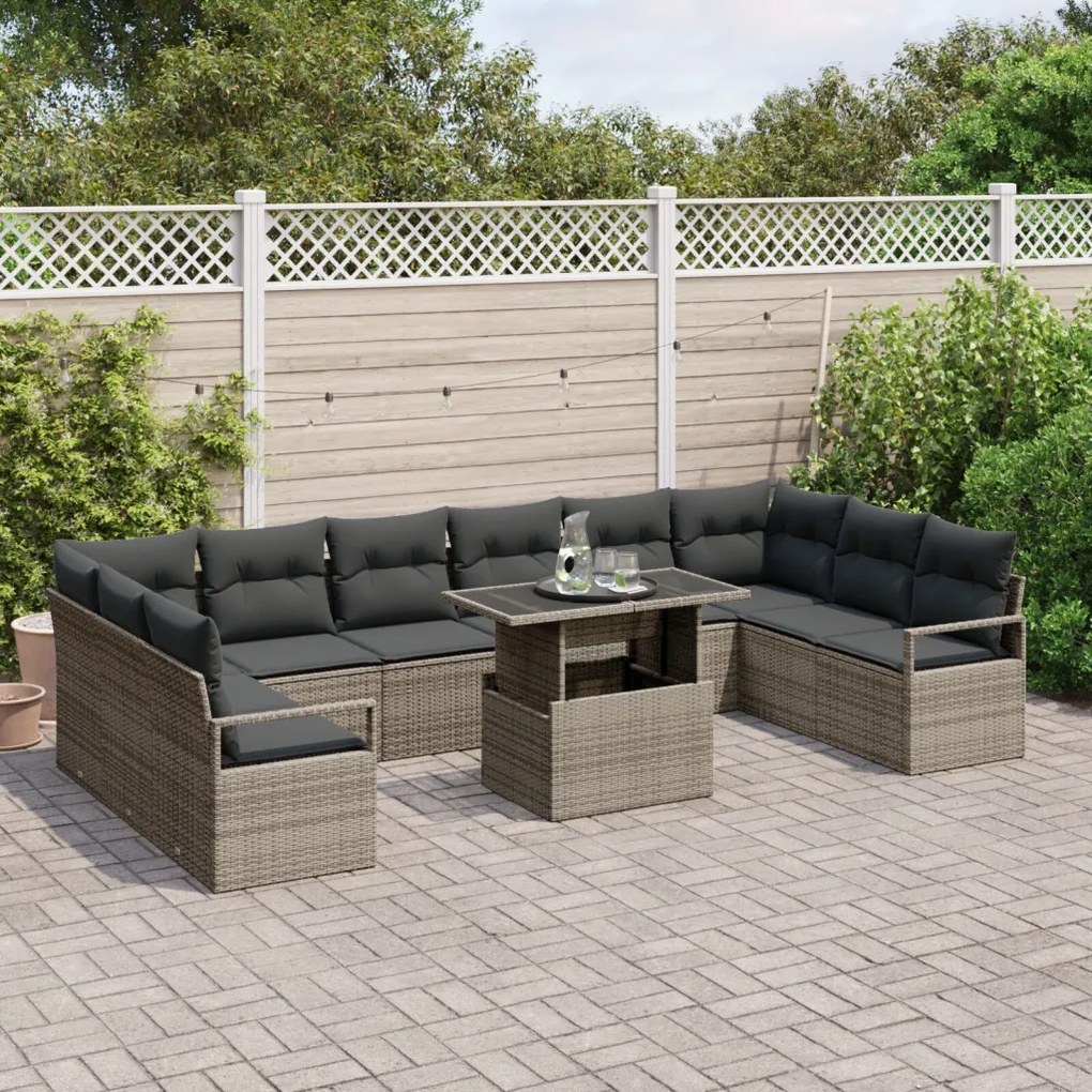 11 darabos Kerti Sofa Szett Párnákkal Szürke Poli Rattan, 2-Fős Kerti Sofa Tárolóval és Párnákkal Szürke Poli Rattan