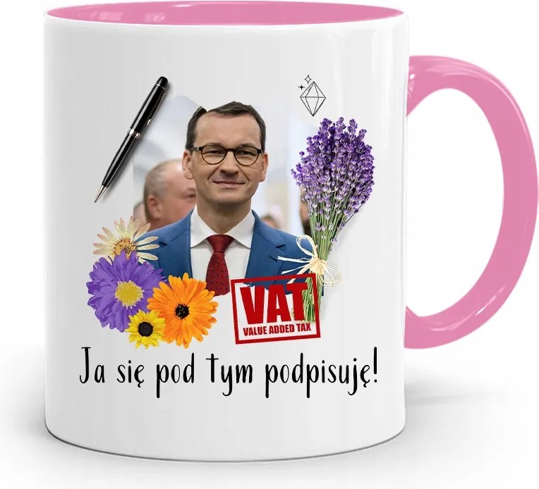 Rózsaszín Politikai Bögre Mateusz Morawiecki Miniszterelnök fényképes nyomtatással