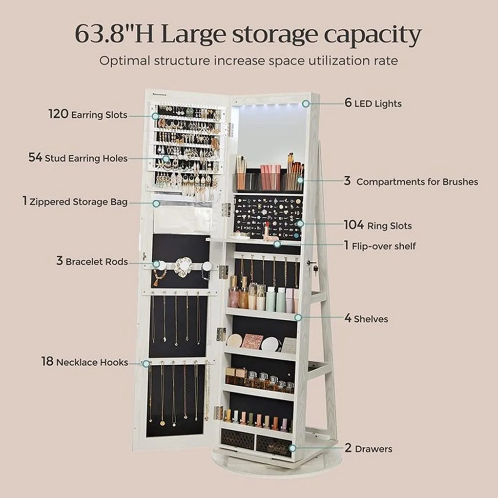 Szabadon álló tükrös ékszerszekrény, zárható, 6 led lámpával, 360°-ban elforgatható