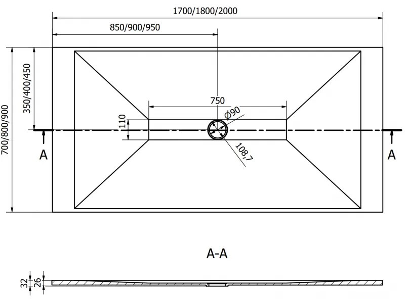 Mexen Toro, SMC téglalap alakú zuhanytálca 180 x 90 cm, fekete, fekete huzat, 43709018-B