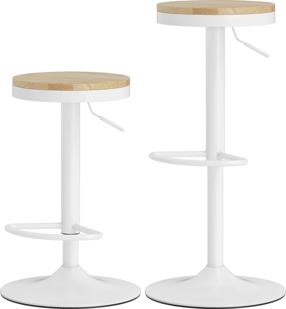 HOMCOM 2 db állítható 360°-os forgó bárszék – natúr fa ülőke, fehér acélváz | Aosom
