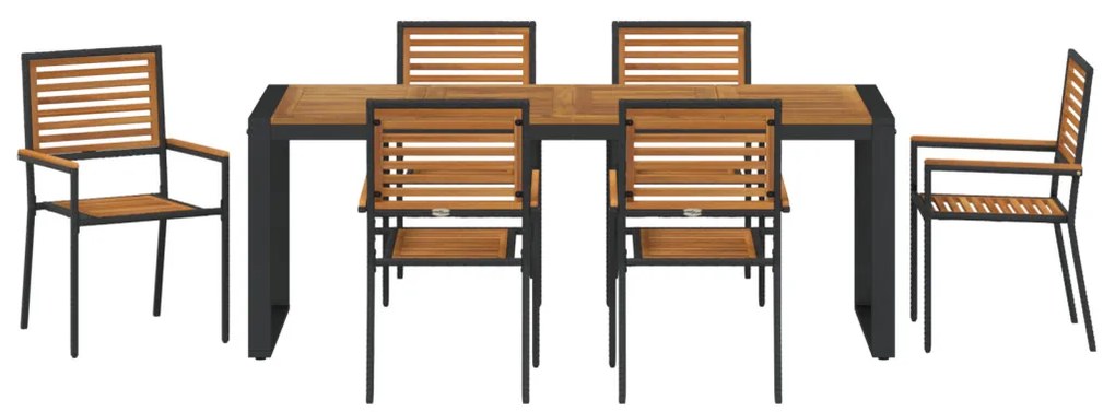 7 darabos kerti étkezőszett fekete polyrattan akácia, egymásra rakható kerti székek párnákkal 2db fekete polyrattan