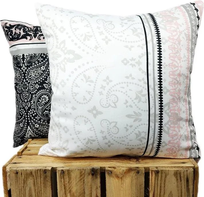 Párnahuzat 40x40 szatén Prémium 100% pamut díszek szürke rózsaszín oldal 3907B