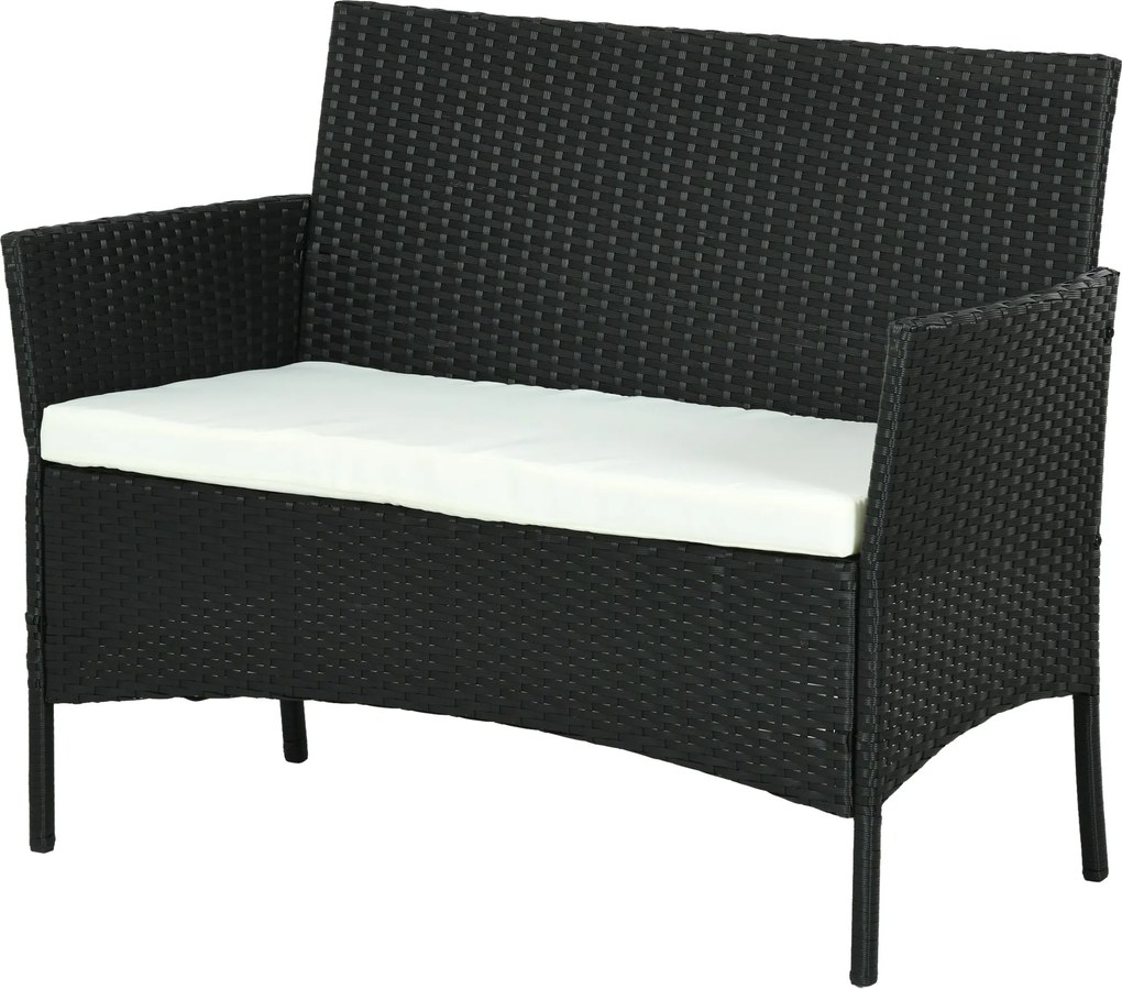 Outsunny PE Rattan és Acél Kültéri Kert Sofa, 2 Személyes Párnával és Karfákkal, 100x54x80cm, Fekete | Aosom