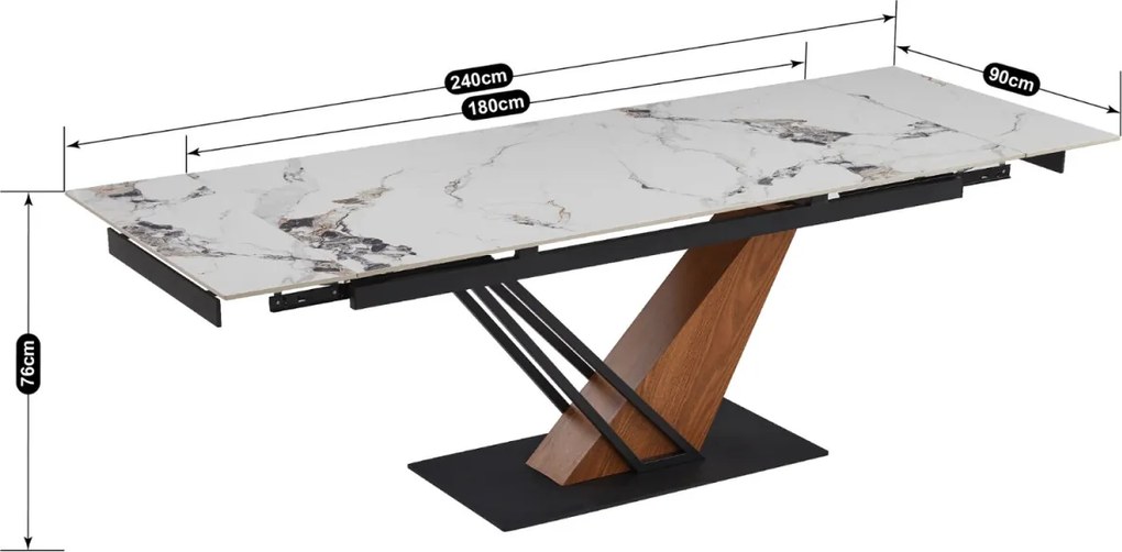 Kihúzható kerámia étkezőasztal 180–240 cm méretben, fehér márvány/tölgy színben REX 2