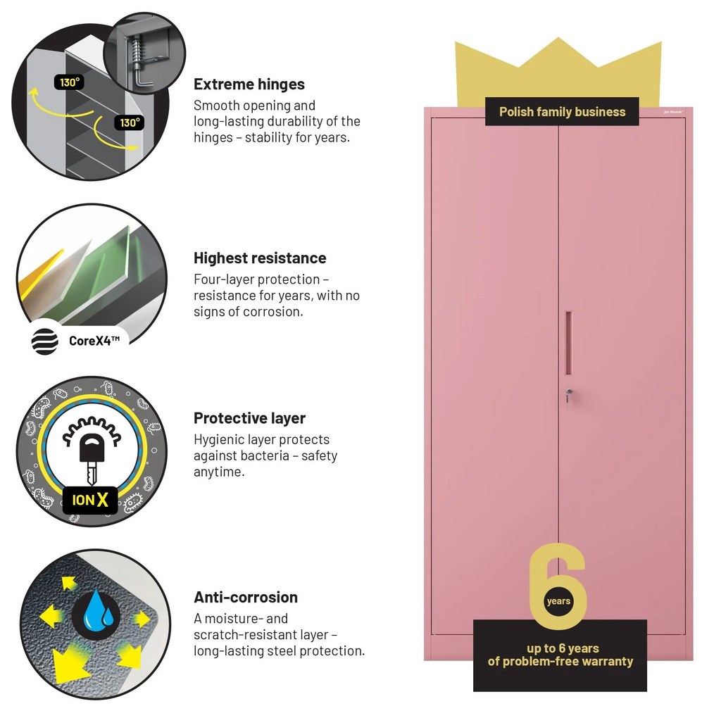 Fémszekrény otthoni irodába JAN, 900 x 1850 x 400 mm, Fresh Style: púderrózsaszín