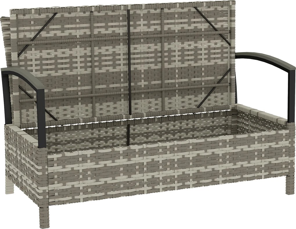 Outsunny 2 személyes kerti tárolós pad párnával és fogantyúkkal — 125 L kültéri tárolódoboz, polirattan, sötétszürke (123 x 70 x 82 cm) | Aosom