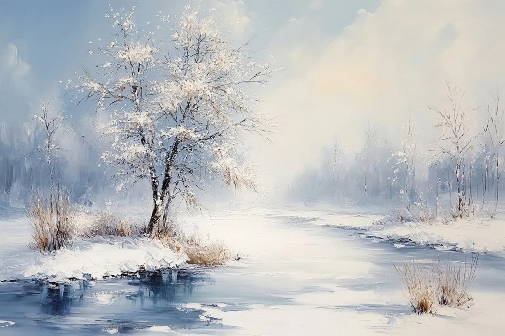 Vászonkép Canvas Tájkép Fa Folyó Tél Hó Jég 60x40