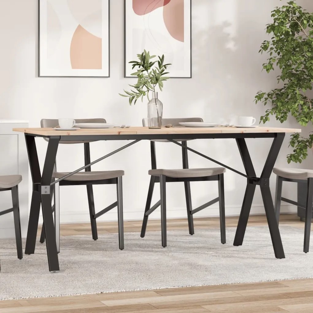 Tömör fenyőfa és acél étkezőasztal Y-vázzal 160x80x75 cm