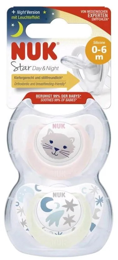 NUK Star baba cumi Éjjel-nappal, 0–6 h, 2 db/doboz, lány, vel. 0-6 h