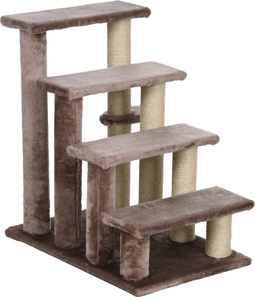 PawHut Macska Lépcső 4-Lépéses Kisállat Lépcső Karmolószlopokkal és Játékgolyóval Kutyákhoz - Macskák számára 5 kg-ig, Plüss Juta Barna 60 x 40 x 64 c