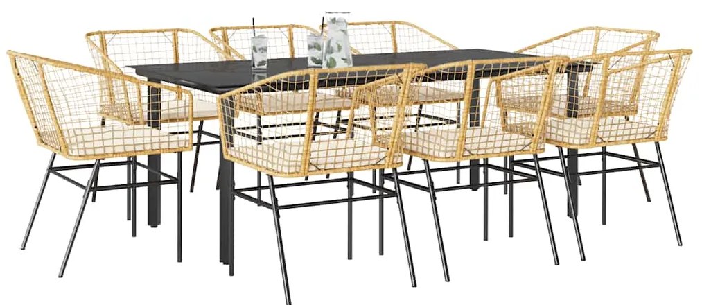 vidaXL 9 észes barna polyrattan üveg kerti étkezőgarnitúra párnával