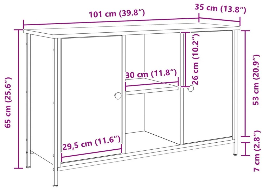 TV Szekrény Fekete Tölgy 101x35x65 cm Szerelt Fa és Acél