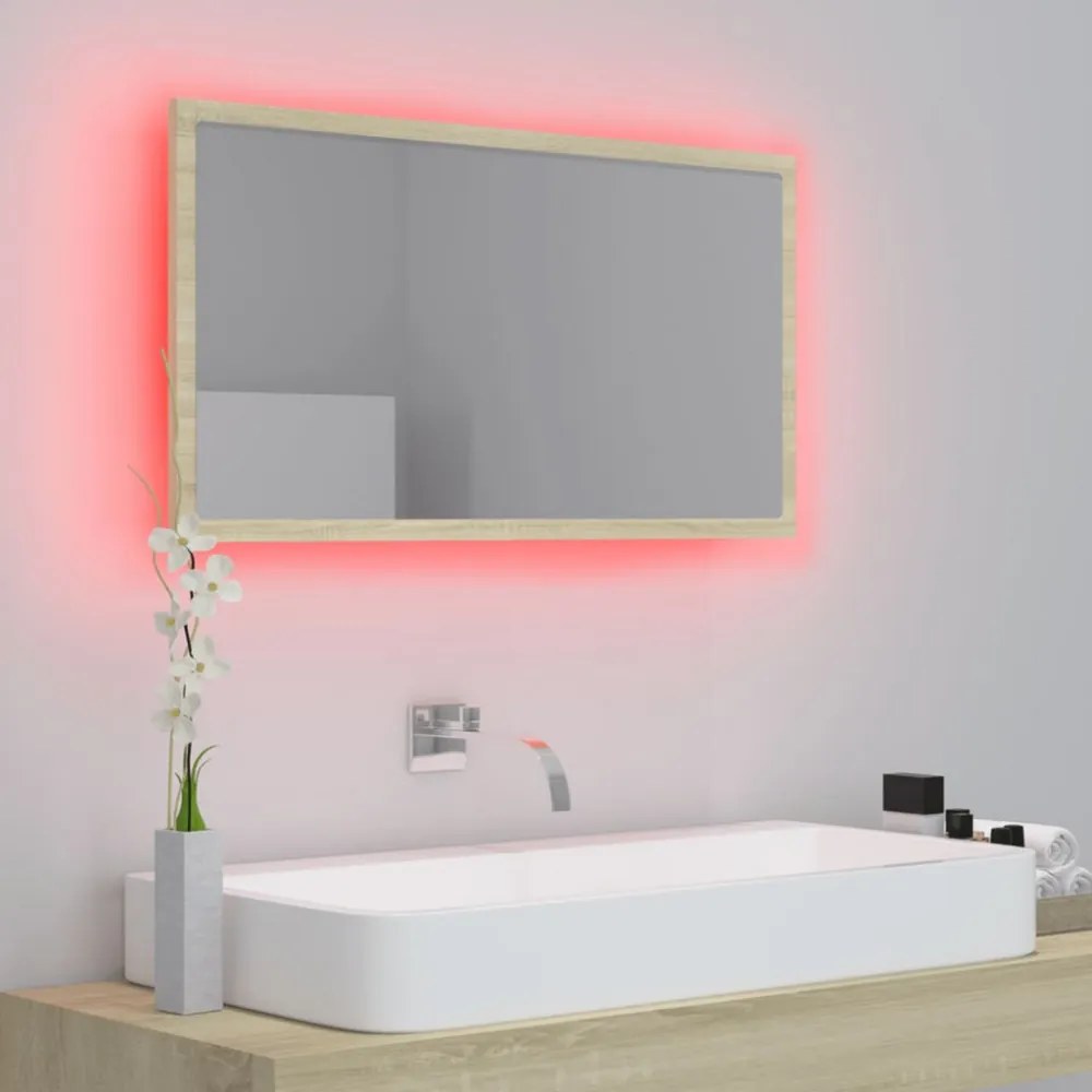sonoma-tölgy akril LED-es fürdőszobai tükör 80x8,5x37 cm