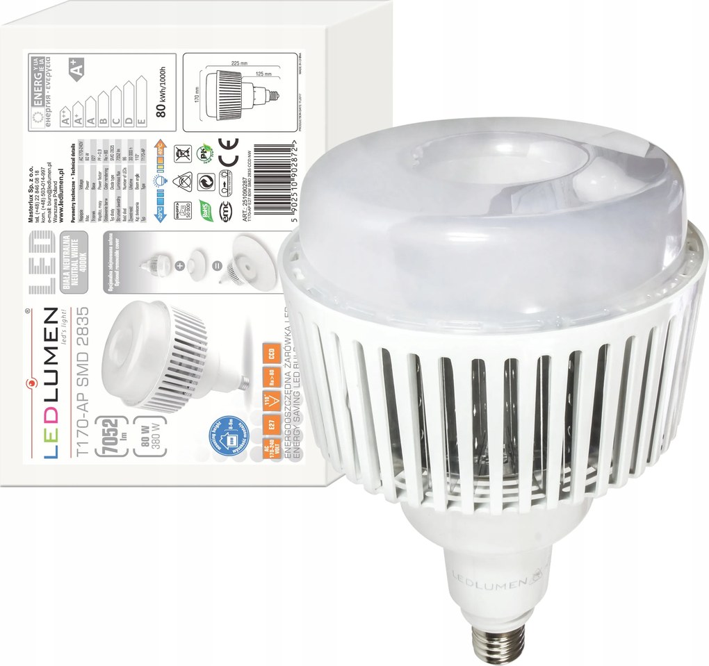 Led izzó E27 T170 80W=380W Smd 7052lm 110° CCD Energiatakarékos Semleges
