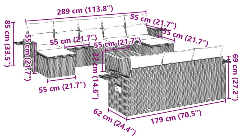 11 részes fekete polyrattan kerti ülőgarnitúra párnákkal