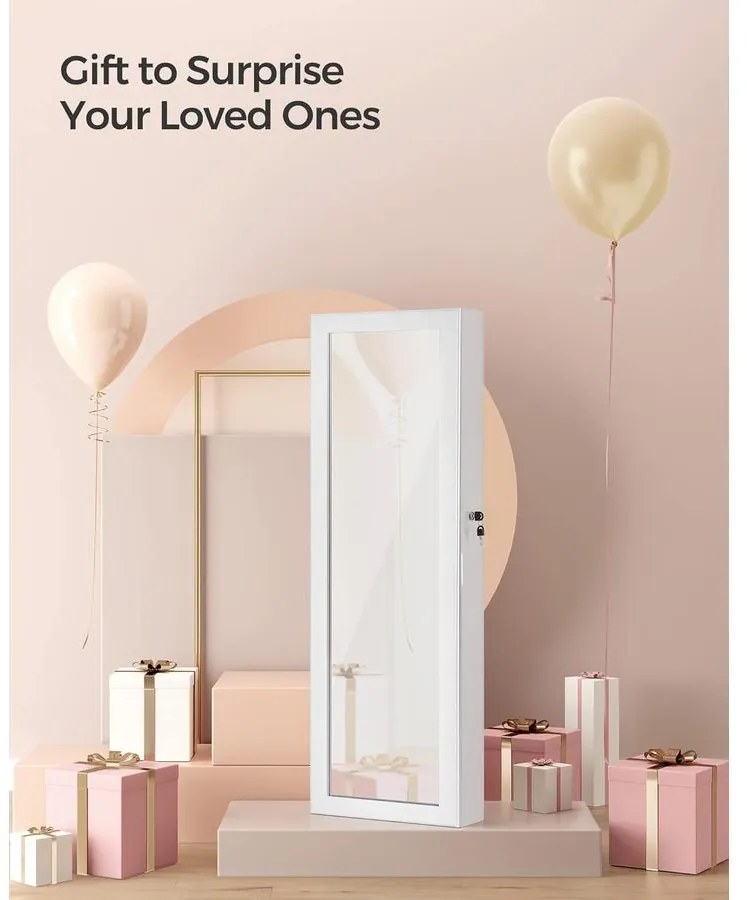 Ékszerszekrény falra szerelhető, zárható tároló tükörrel és több rekesszel – fehér/bézs