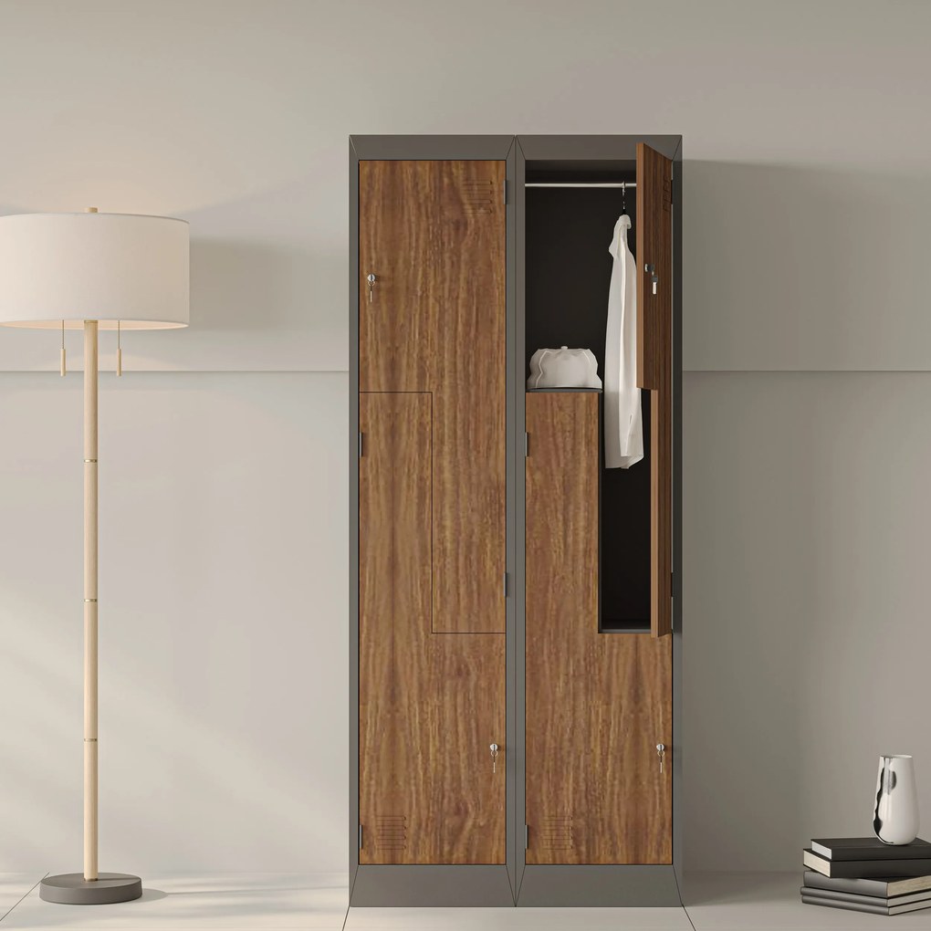 L típusú, négyrekeszes szociális ruhaszekrény, antracit/dió, 800x1850x450 mm: JULIA Eco Design