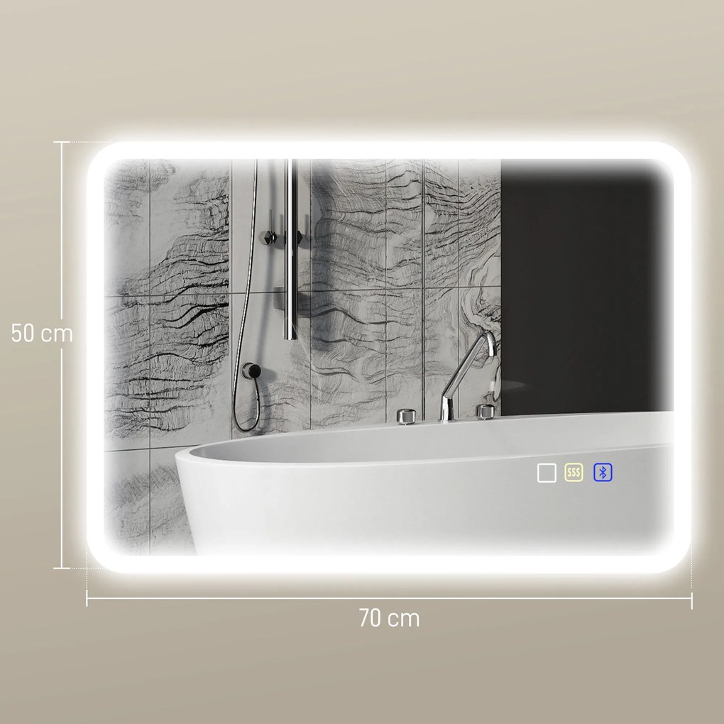HOMCOM Bluetooth Fürdőszoba Tükör 50 x 70 cm, LED Világítású Fali Fürdőszoba Tükör Érintőkapcsolóval, Állítható 3 Színű Fény, Páramentes, Memória - Ez