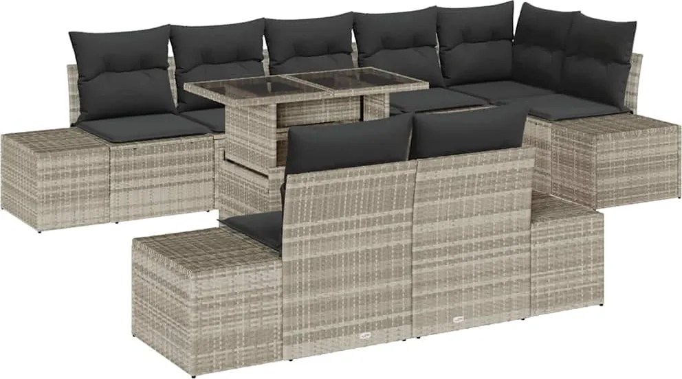 vidaXL Kerti Kanapé Szett tárolóval 9 pcs Világosszürke Poli rattan