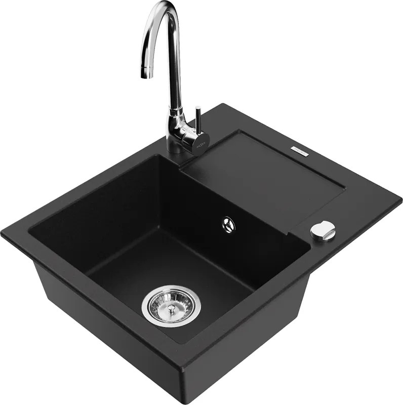 Mexen Enzo 1-medencés gránit mosogató csepegtetővel és Telma konyhai csapteleppel, fekete - 6506-77-670200-00