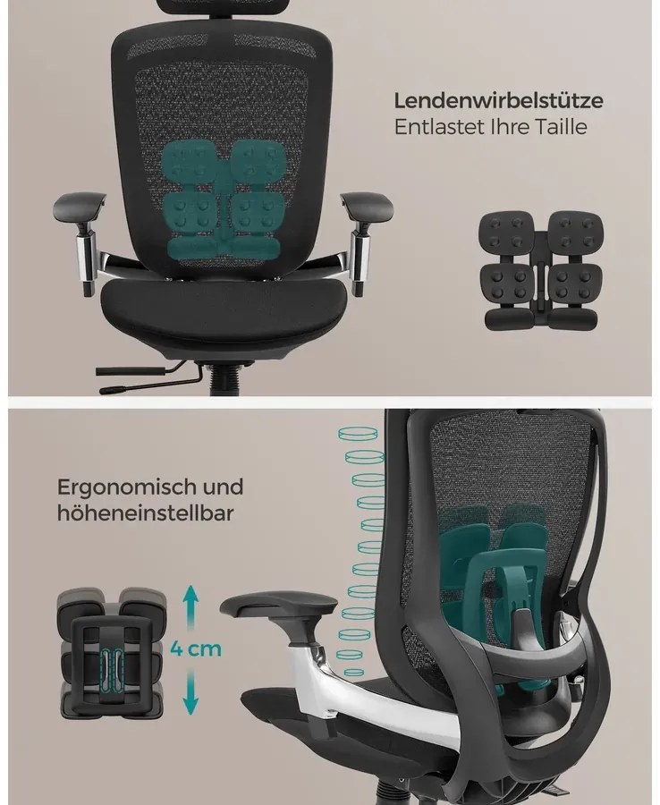 SONGMICS Ergonomikus szék, állítható, dönthető irodai szék, fekete