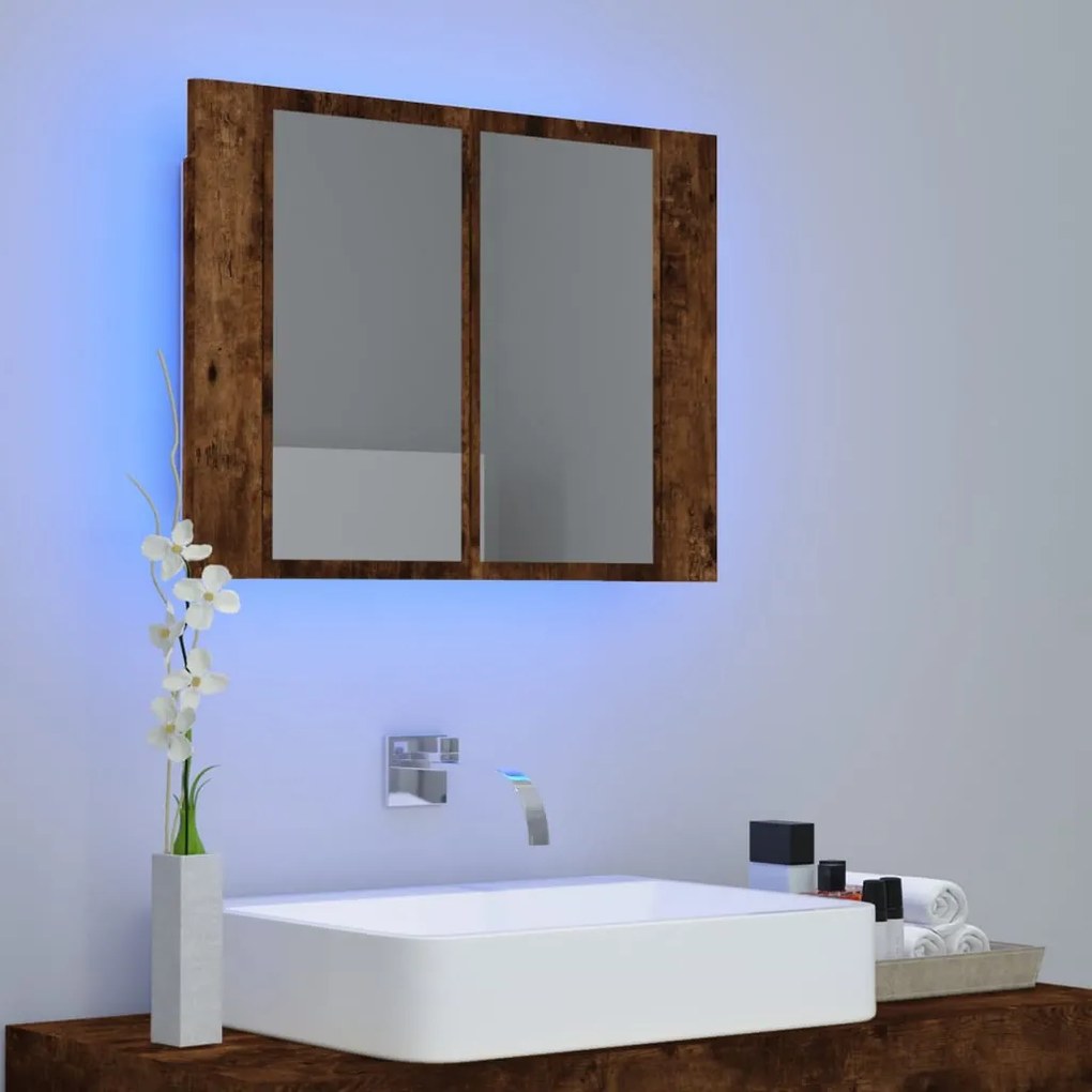 füstös tölgy szerelt fa tükörszekrény LED-del 80x20,5x64 cm