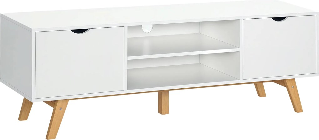 HOMCOM Modern TV Állvány 65 Hüvelykes Televíziókhoz, Nappali TV Asztal 2 Ajtóval, 2 Nyitott Polccal és Fa Lábakkal, 150x39x50 cm, Fehér | Aosom