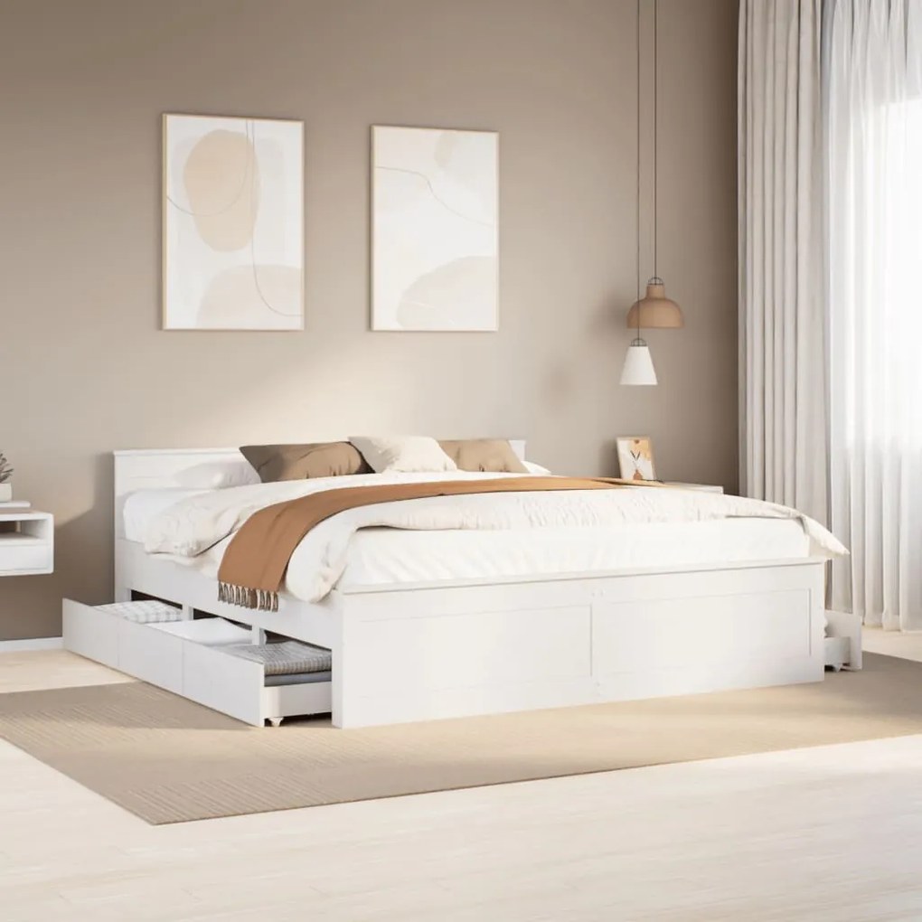fehér tömör fenyőfa ágy matrac nélkül fejtámlával 200 x 200 cm
