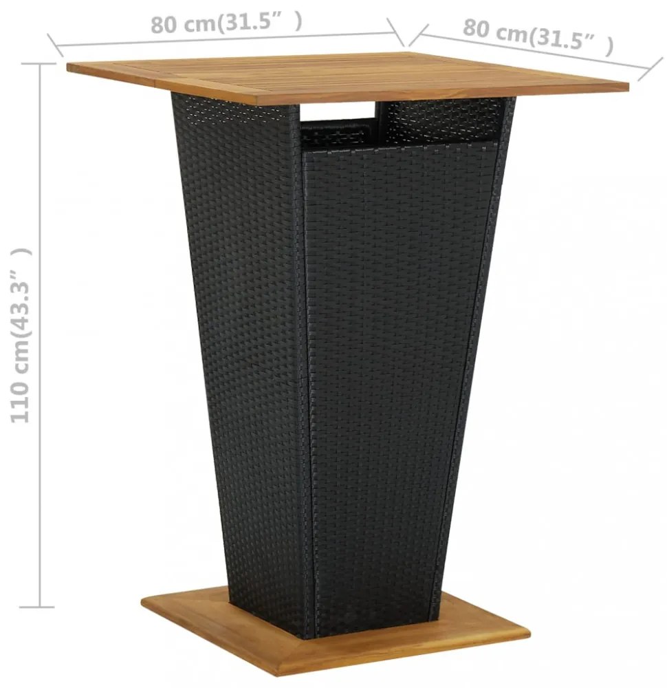 fekete polyrattan és tömör akácfa bárasztal 80 x 80 x 110 cm