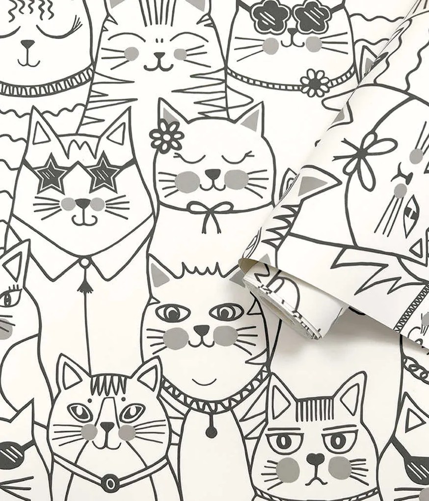 Holden Decor Adventure Awaits Colour-Me Cats fehér-fekete cicás papír tapéta – 14070