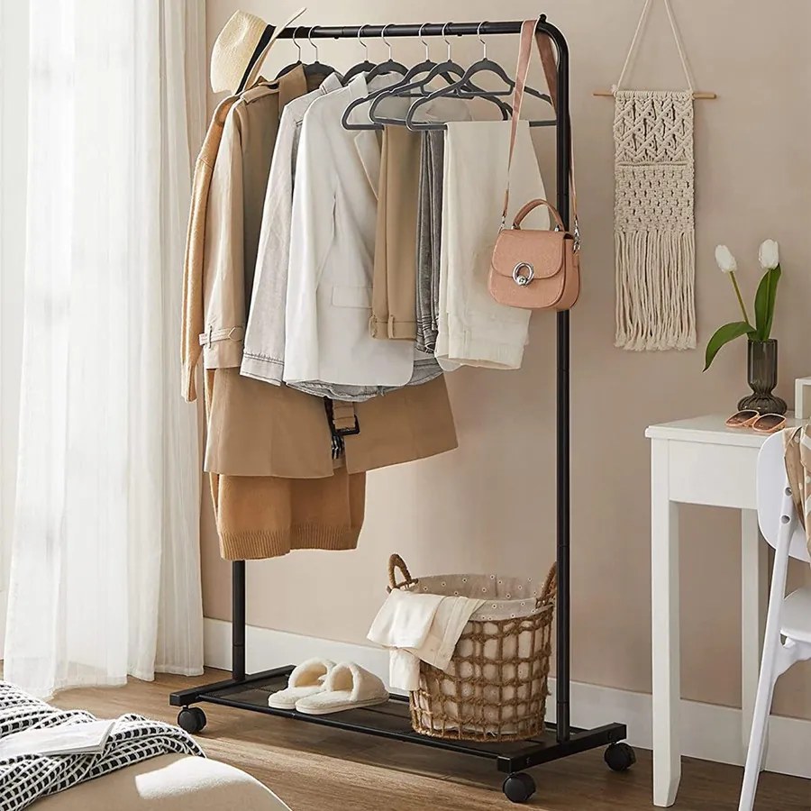 Fém ruhatartó kerekekkel, tárolópolccal, felső sín 40 kg-ig, fekete