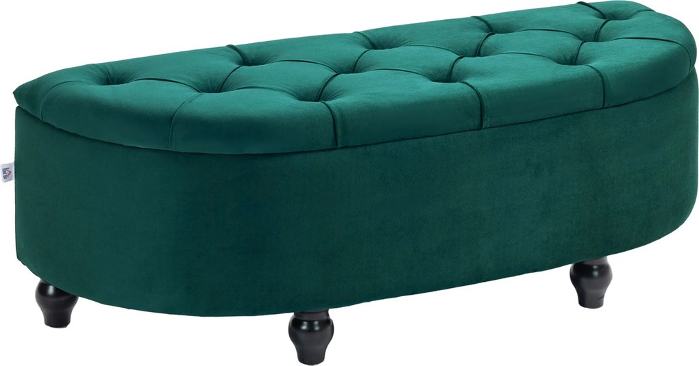HOMCOM Puff, Bársonyos Megjelenésű Tároló Pad, Kinyitható Fedél Tárolórekesz, Fa Lábakkal, Trunk Padló Pad Floor számára 120 x 46 x 42 cm Sötétzöld |