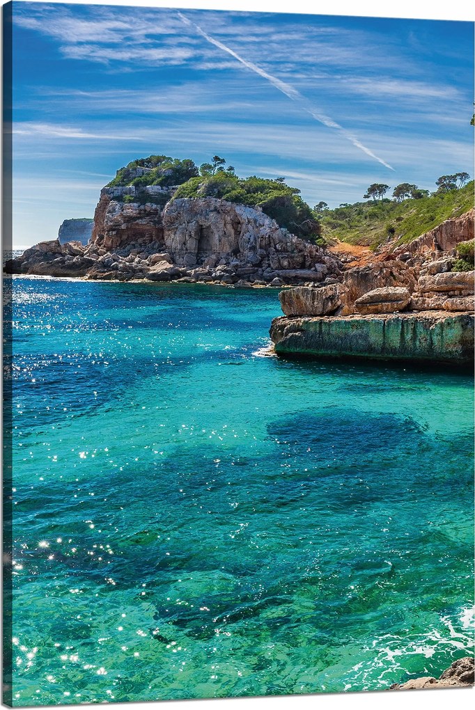 Vászonkép Tájkép Sziklák Víz Fák Nap 80x120 cm