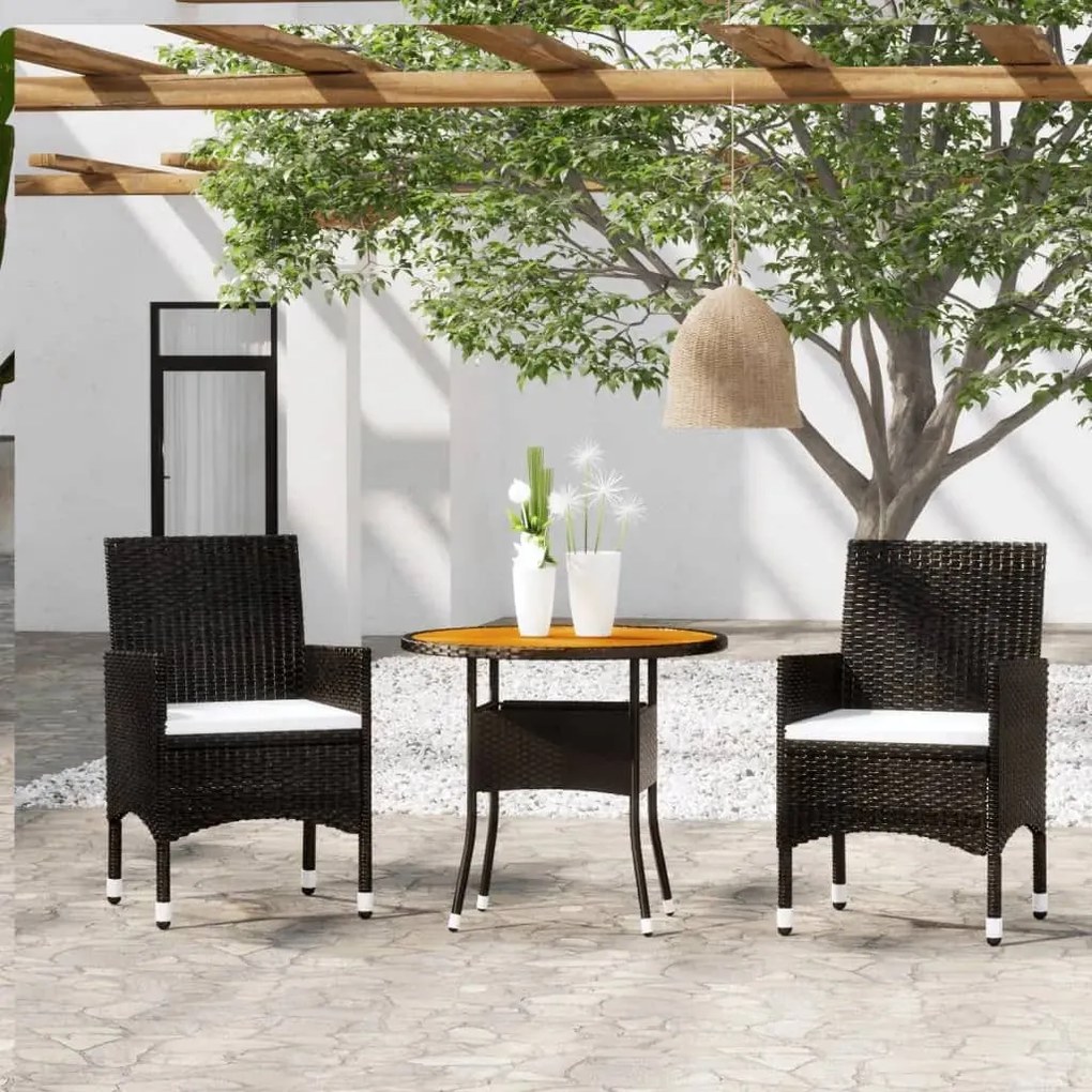 3 részes fekete polyrattan és tömör fa kerti bisztrószett